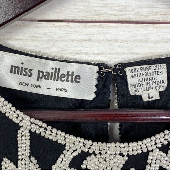 Miss Paillette Pearl Embellished Silk Pullover Blouse Black White Large - Picture 9 of 11